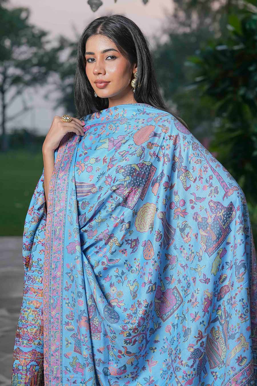 Blue Ethnic Mughal Figures Fine Wool Shawl