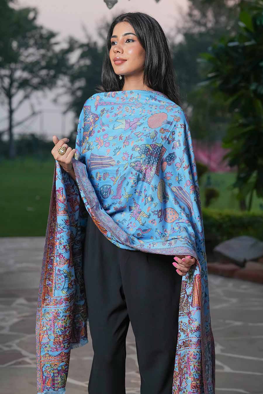 Blue Ethnic Mughal Figures Fine Wool Shawl