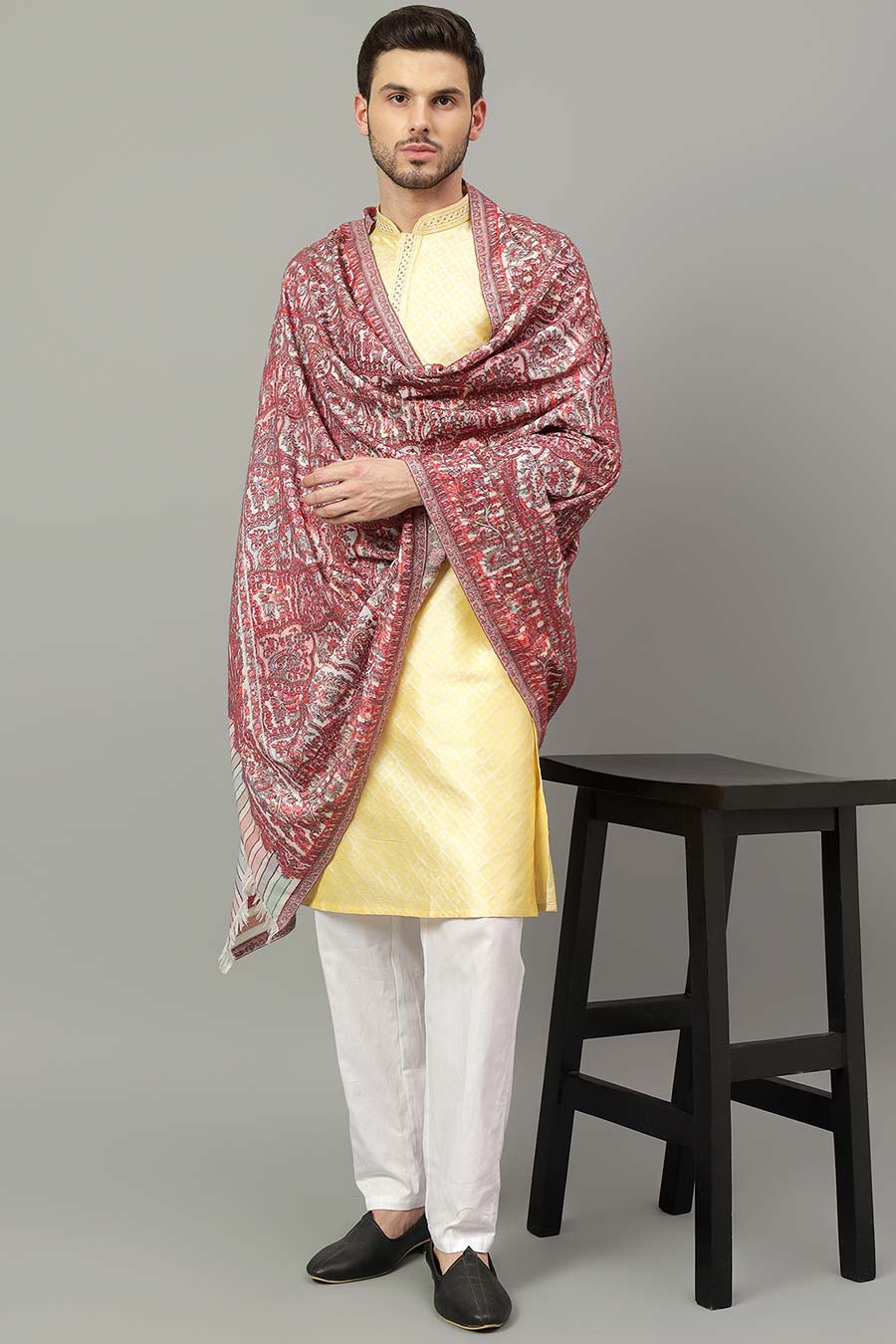 White & Pink Ethnic Weave Faux Pashmina Shawl