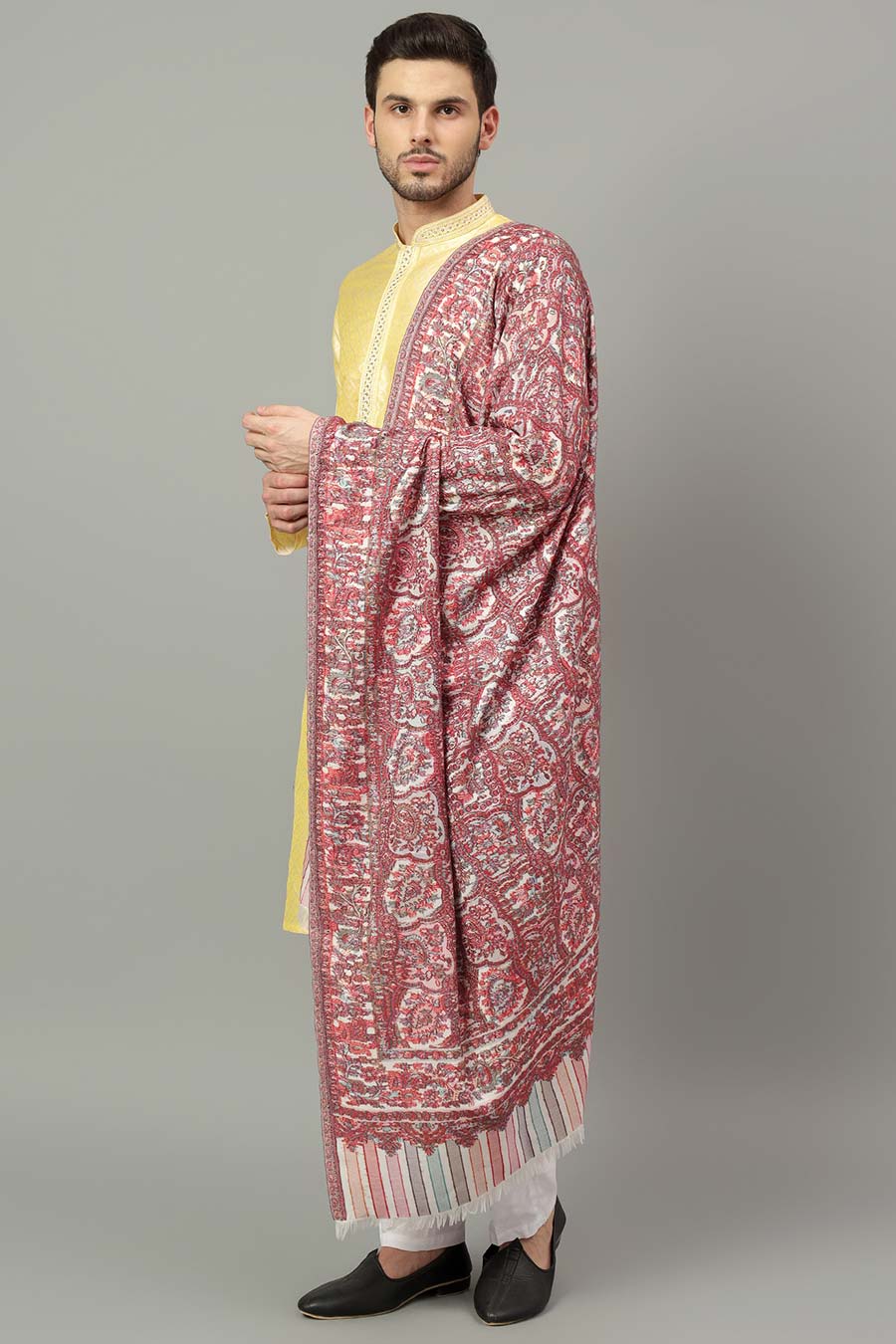 White & Pink Ethnic Weave Faux Pashmina Shawl