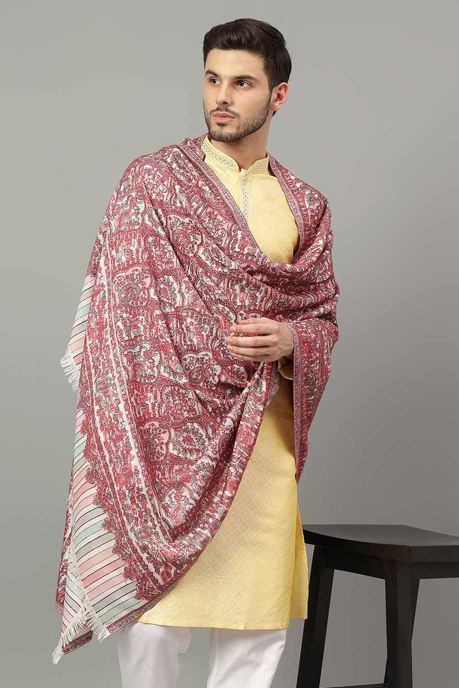 White & Pink Ethnic Weave Faux Pashmina Shawl