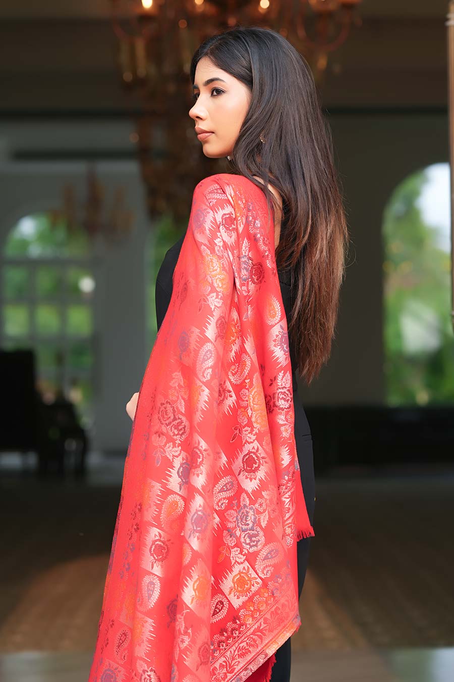 Red Metallic Zari Ethnic Weave Fine Wool Stole