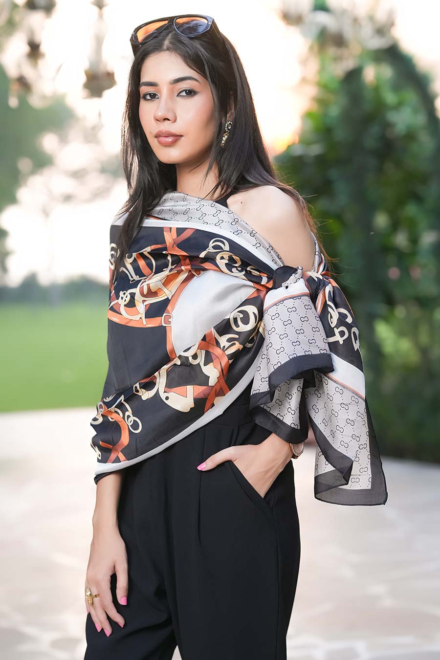 Black Modal Silk Printed Stole