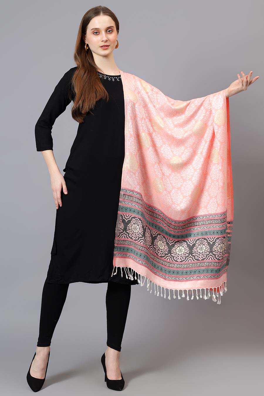 Peach Metallic Zari Weave Fine Wool Stole