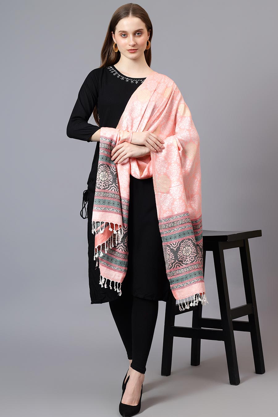 Peach Metallic Zari Weave Fine Wool Stole