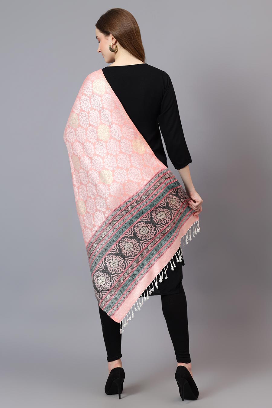 Peach Metallic Zari Weave Fine Wool Stole