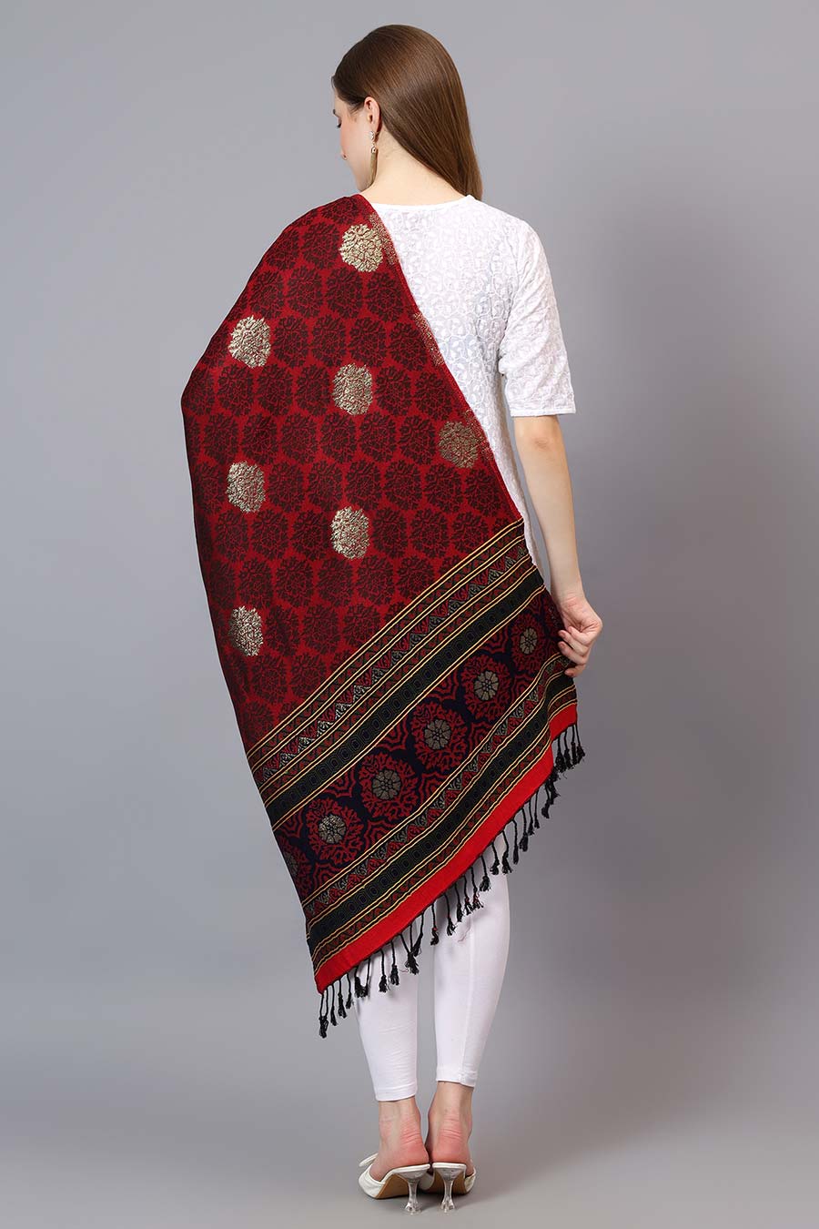 Red Metallic Zari Weave Fine Wool Stole