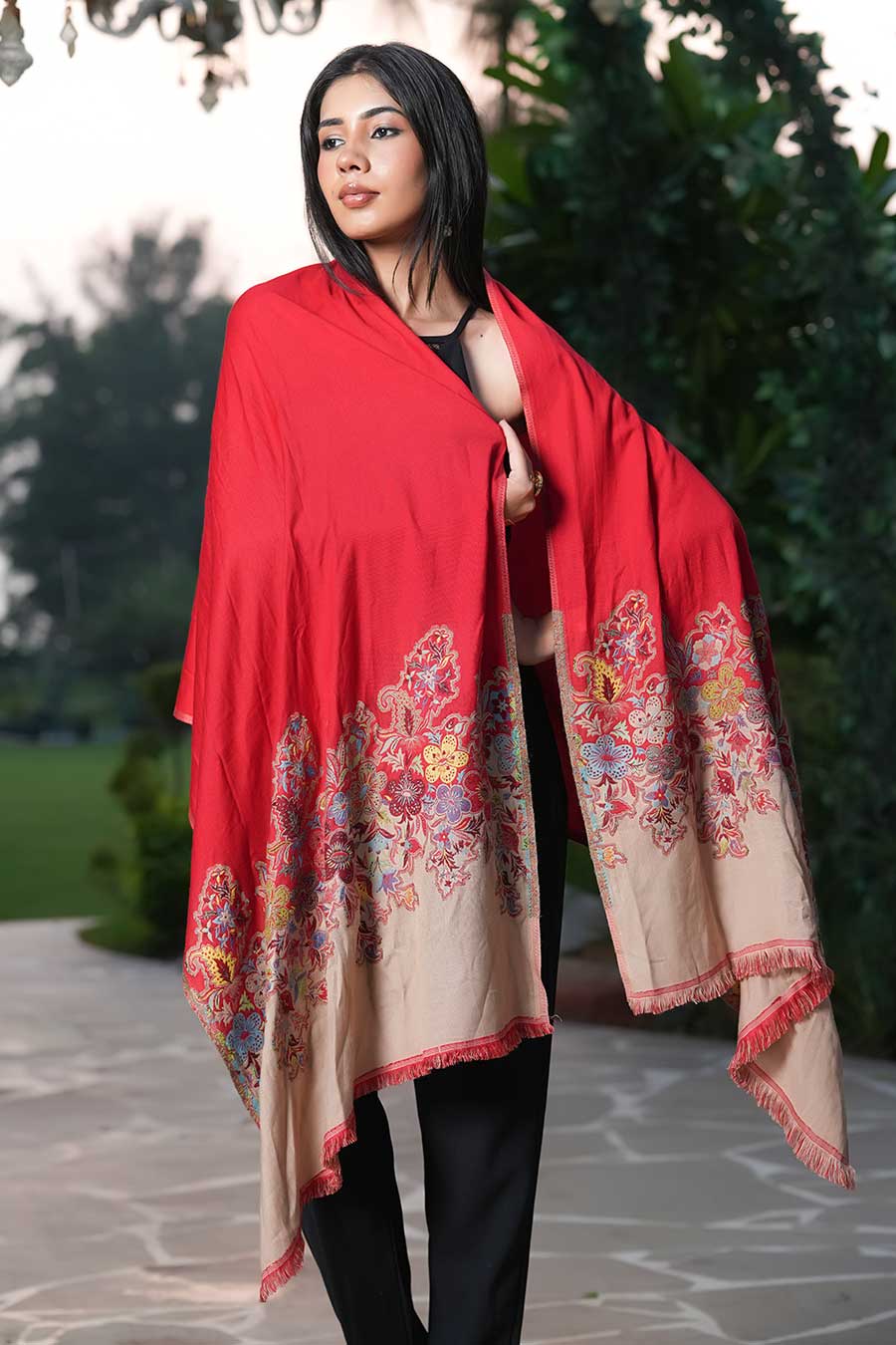 Red Contrast Floral Border Fine Wool Stole