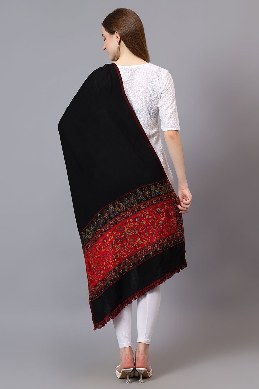 Black Contrast Border Fine Wool Stole