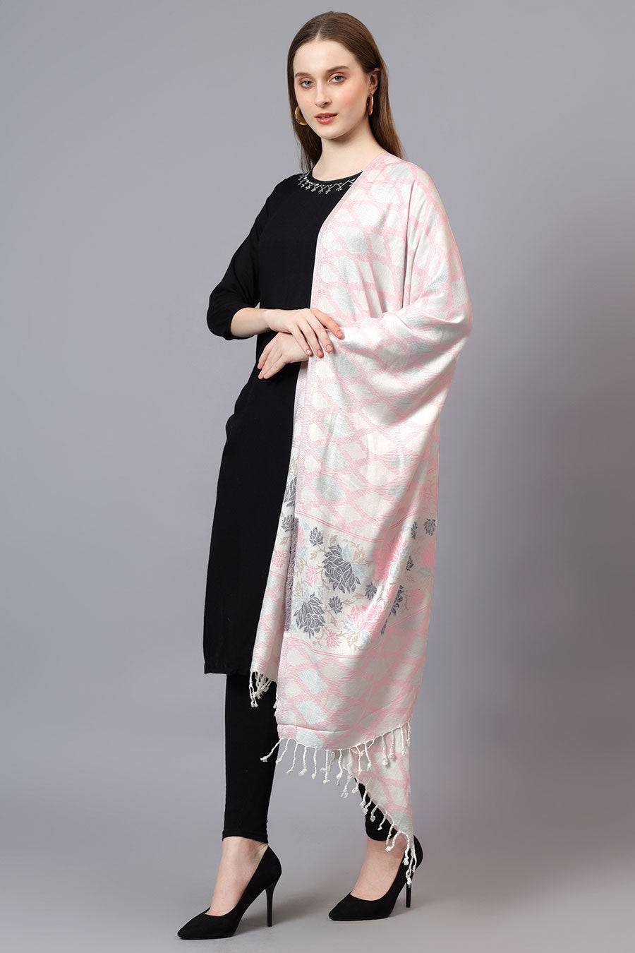 White & Pink Floral Border Fine Wool Stole