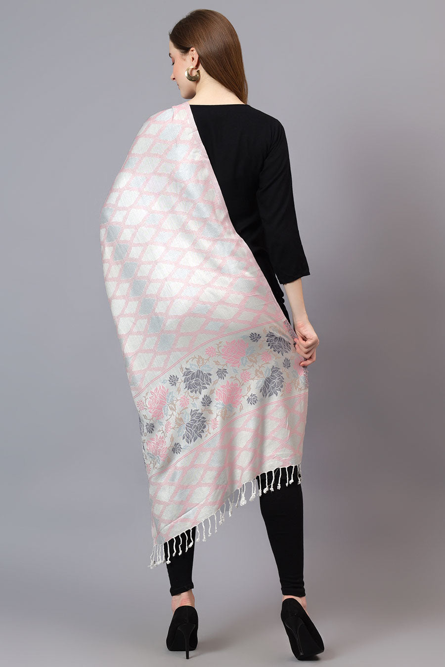 White & Pink Floral Border Fine Wool Stole