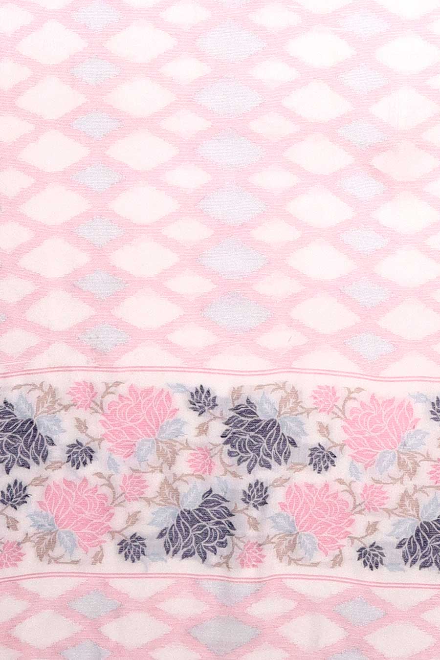White & Pink Floral Border Fine Wool Stole