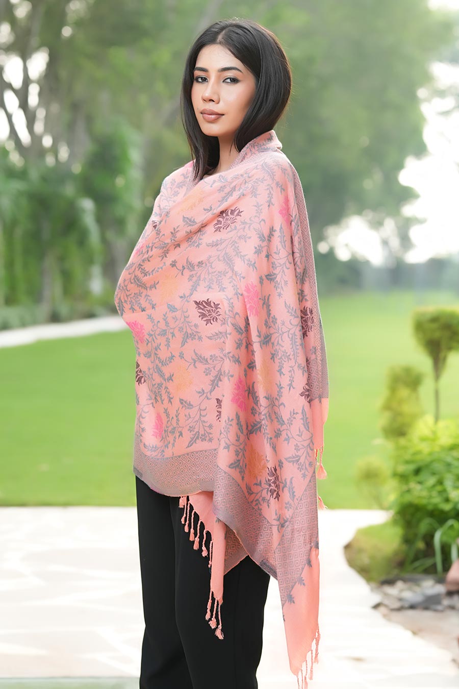 Peach Ethnic Weave Fine Wool Stole