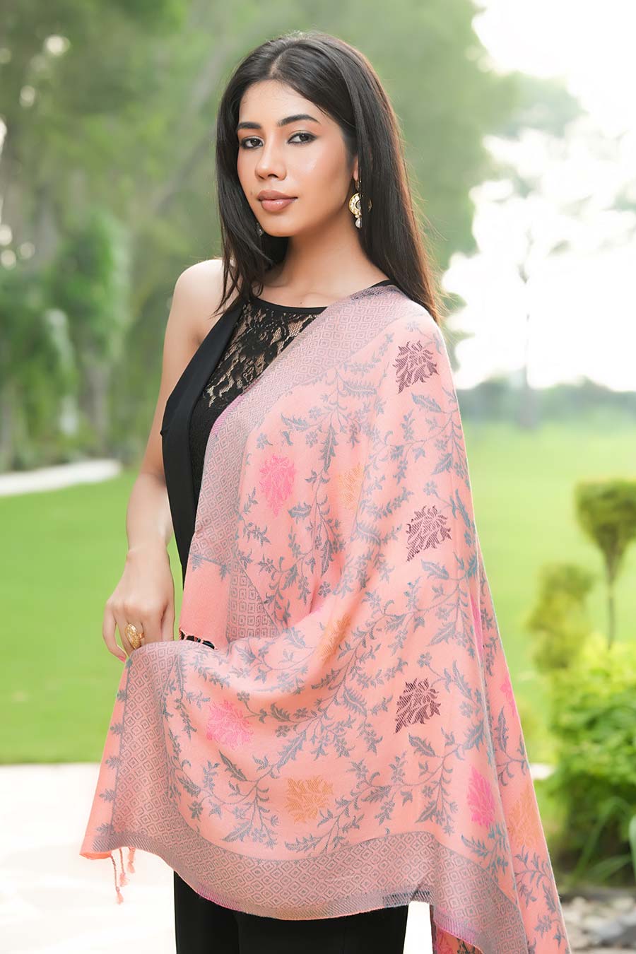Peach Ethnic Weave Fine Wool Stole
