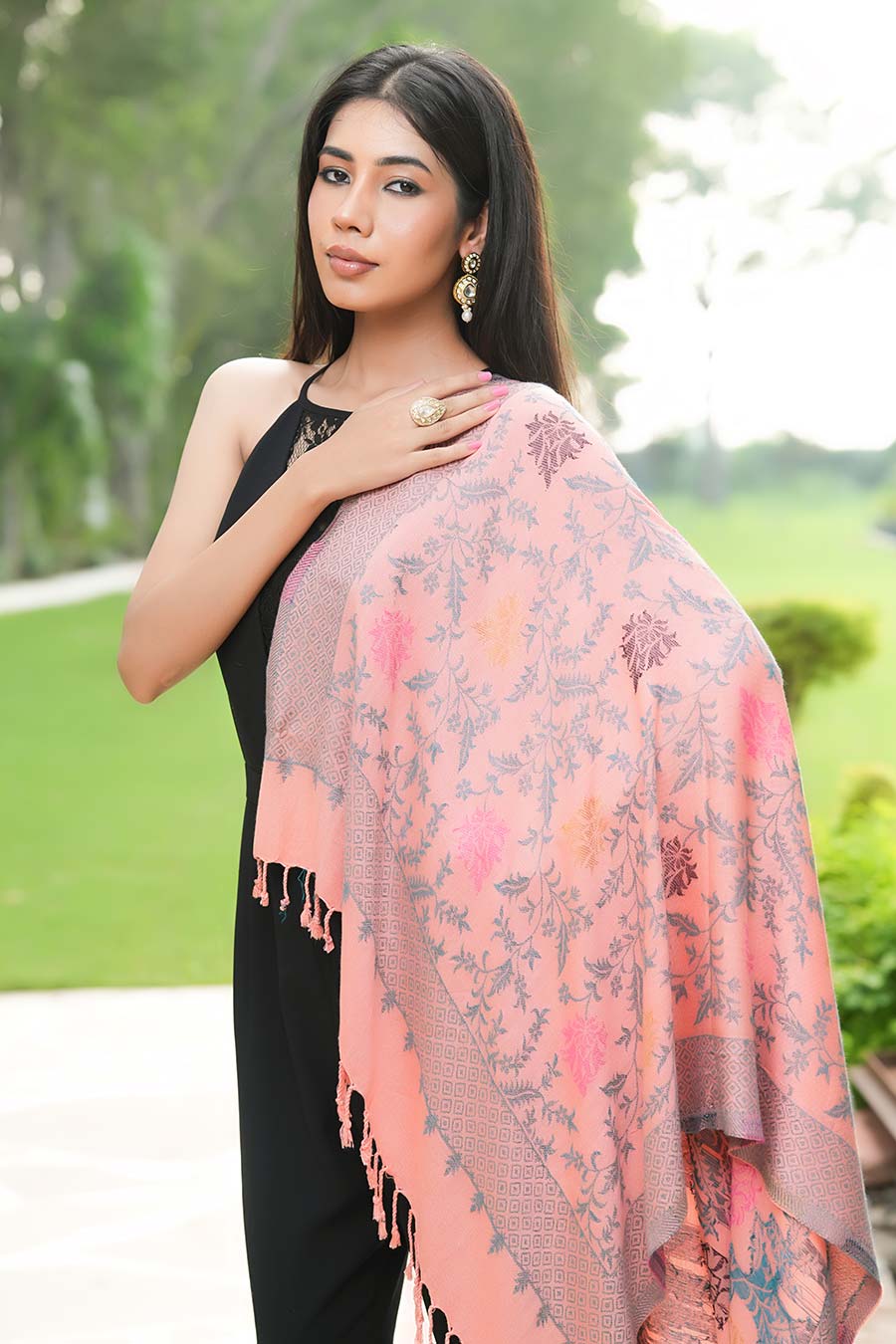 Peach Ethnic Weave Fine Wool Stole