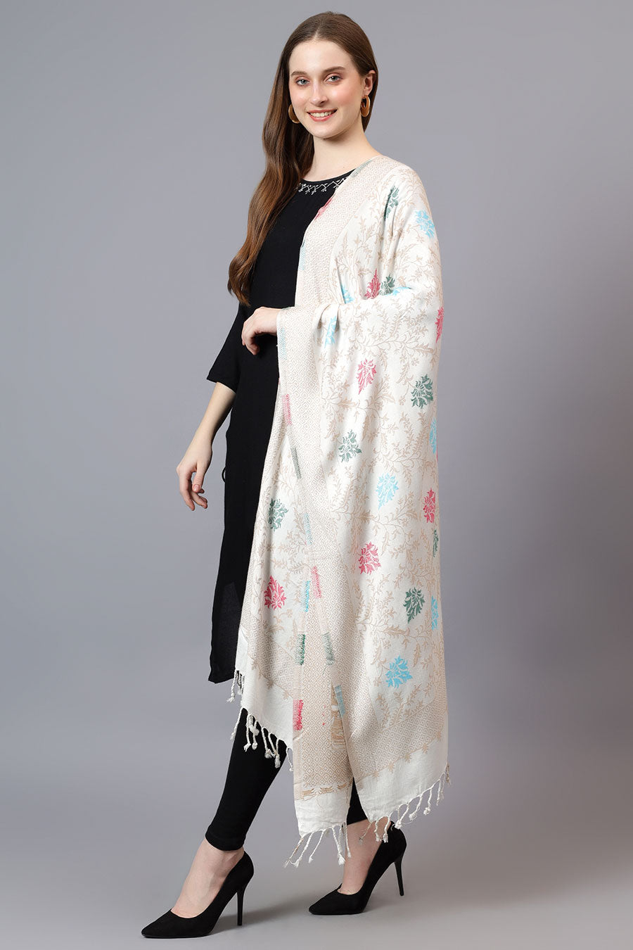 White Ethnic Weave Fine Wool Stole