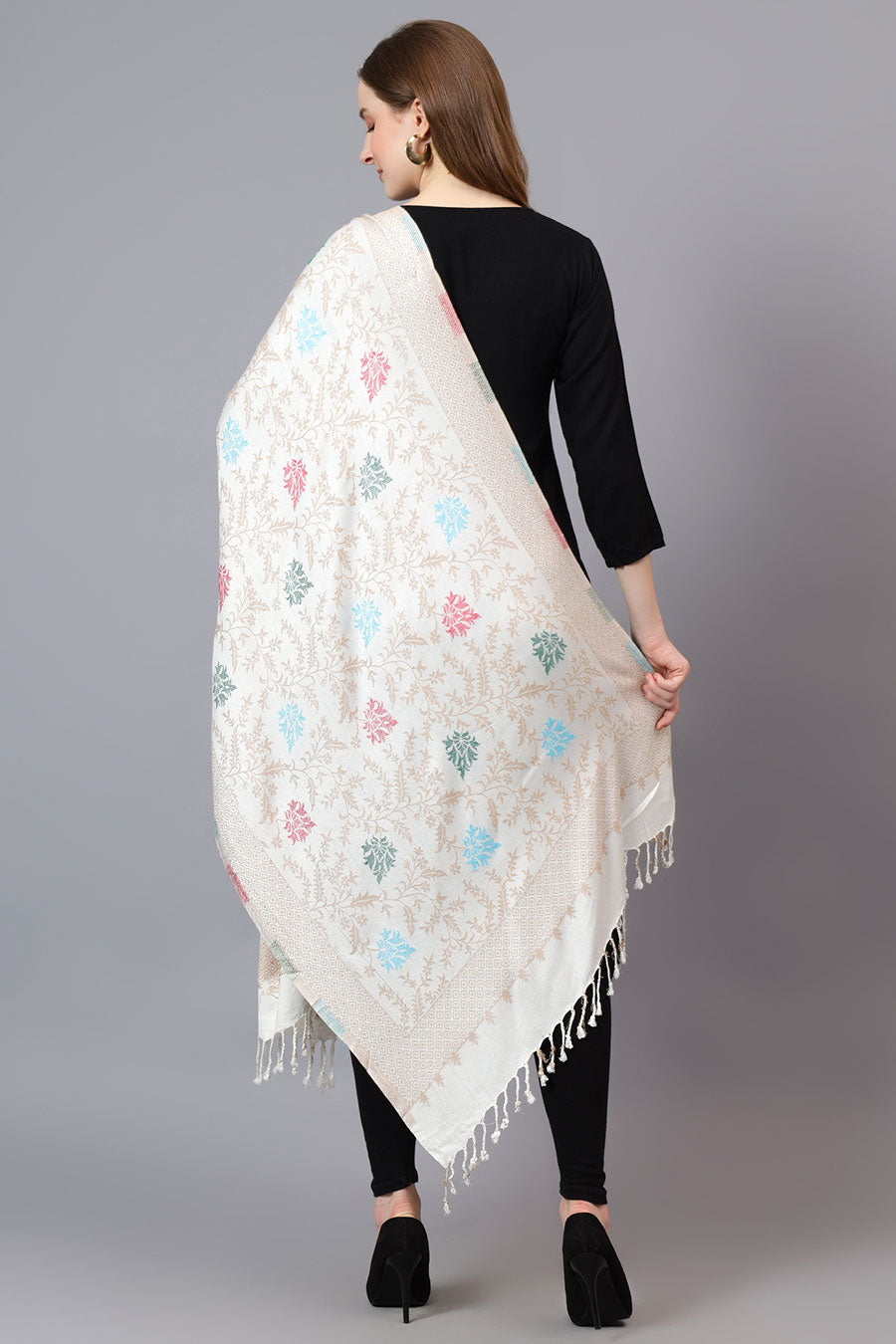 White Ethnic Weave Fine Wool Stole