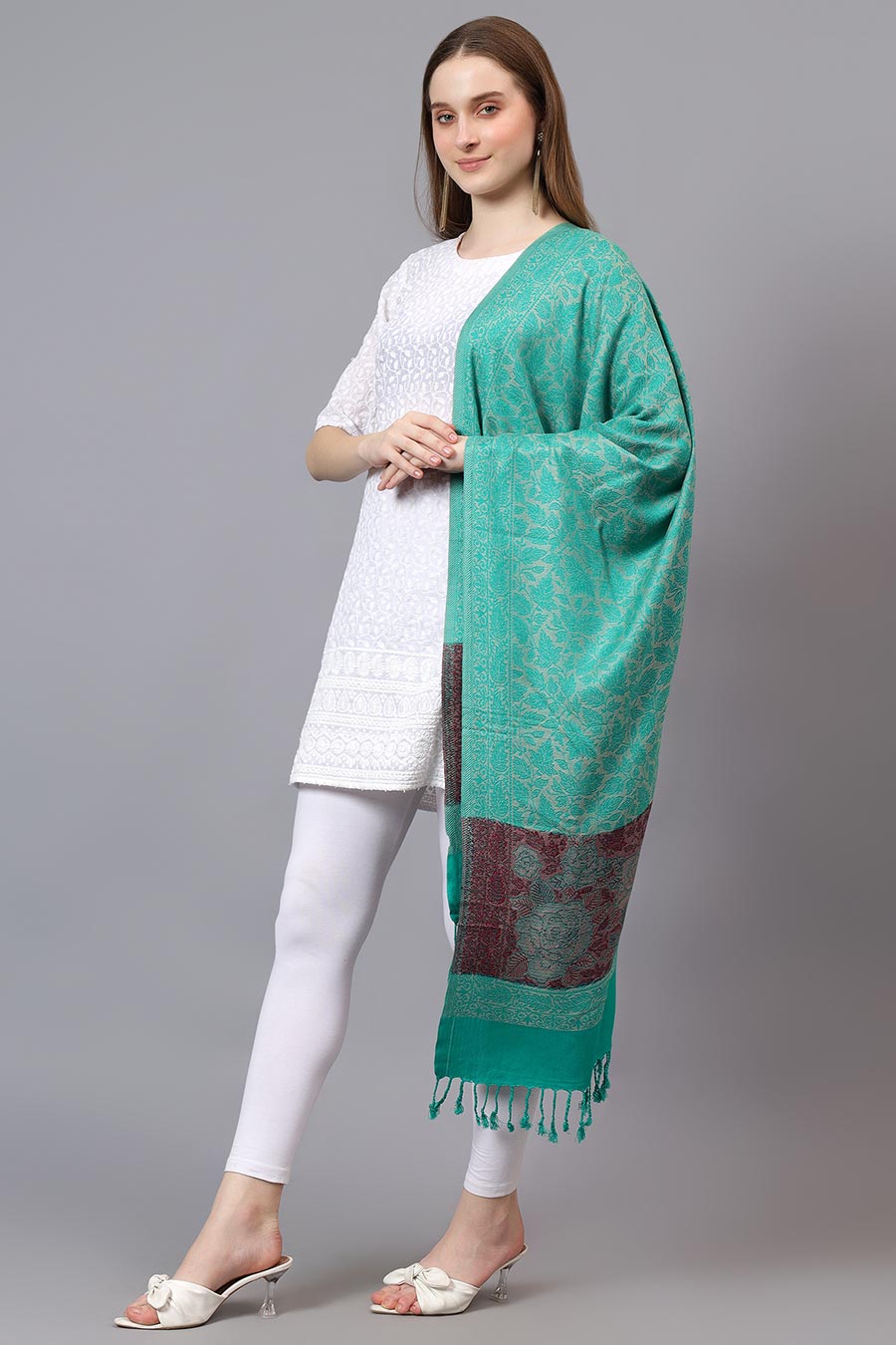 Green Ethnic Weave Fine Wool Stole