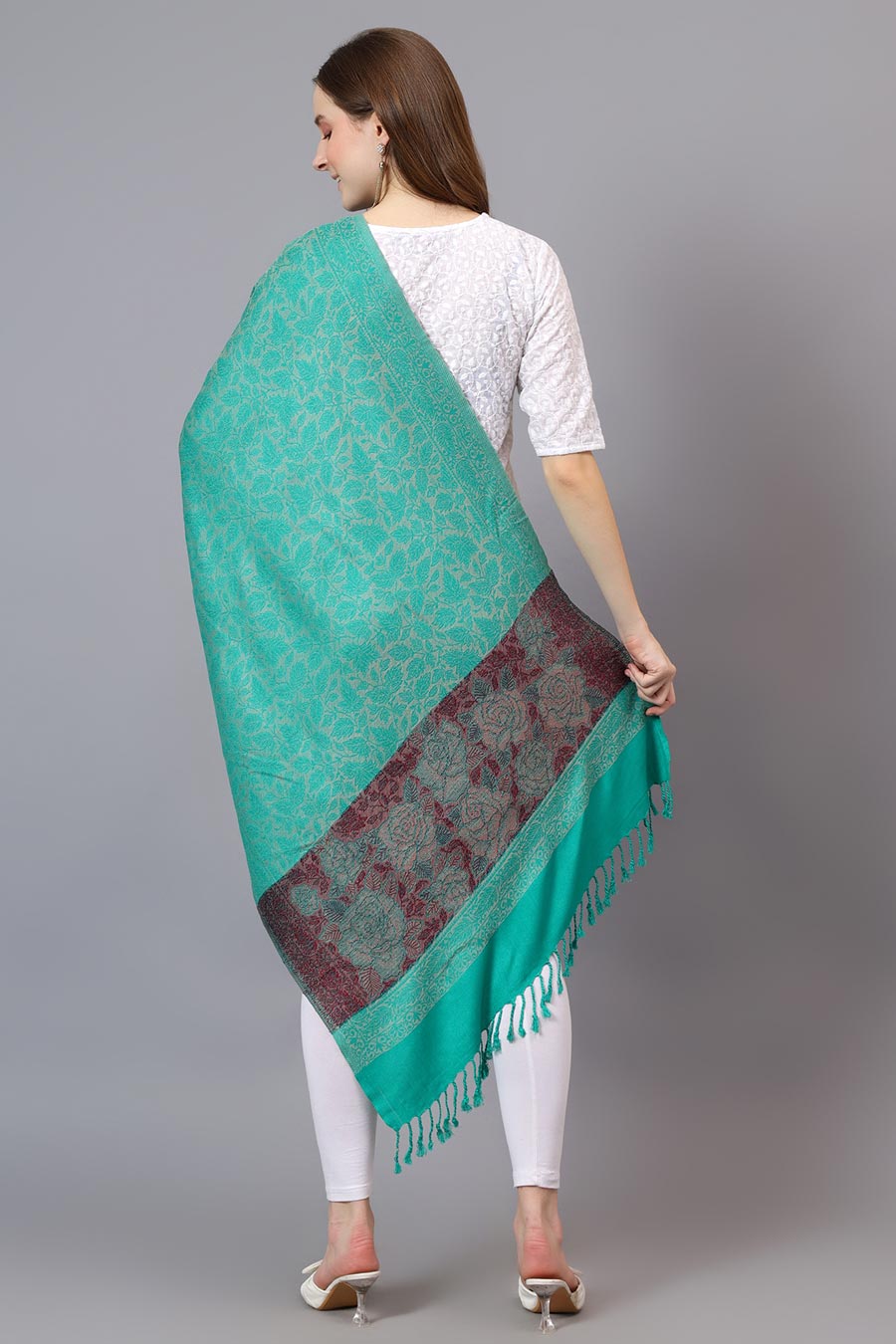 Green Ethnic Weave Fine Wool Stole