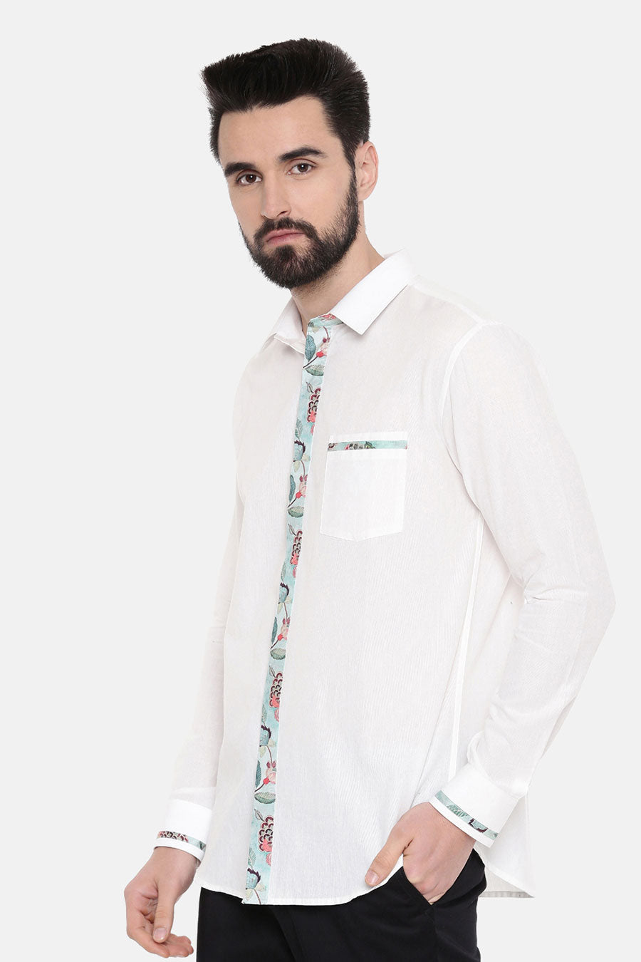 White Cotton Printed Placket Shirt