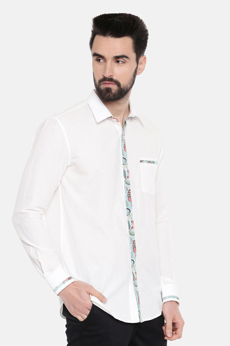 White Cotton Printed Placket Shirt