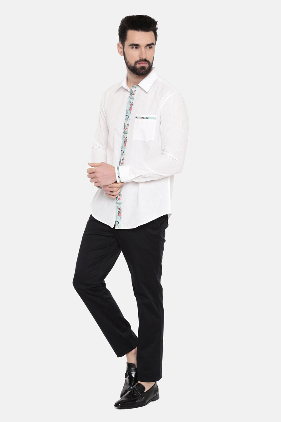 White Cotton Printed Placket Shirt