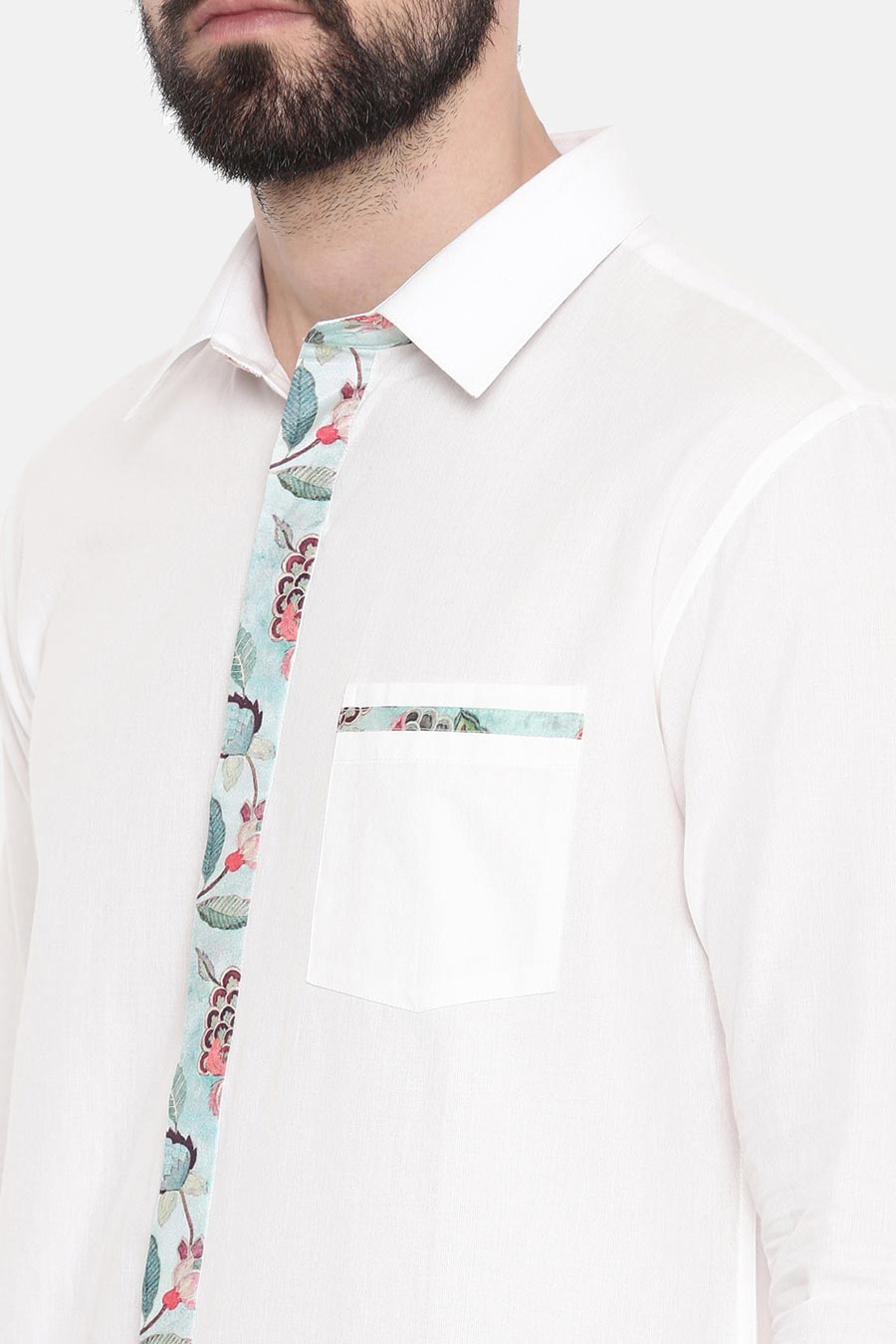 White Cotton Printed Placket Shirt