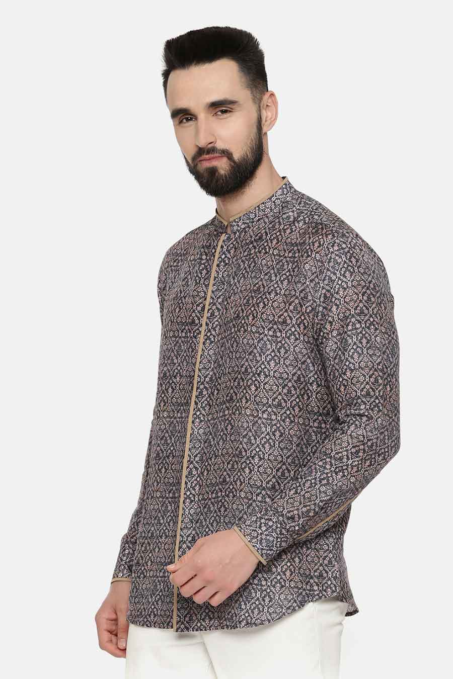 Blue Bemberg Linen Beige Piping Printed Shirt