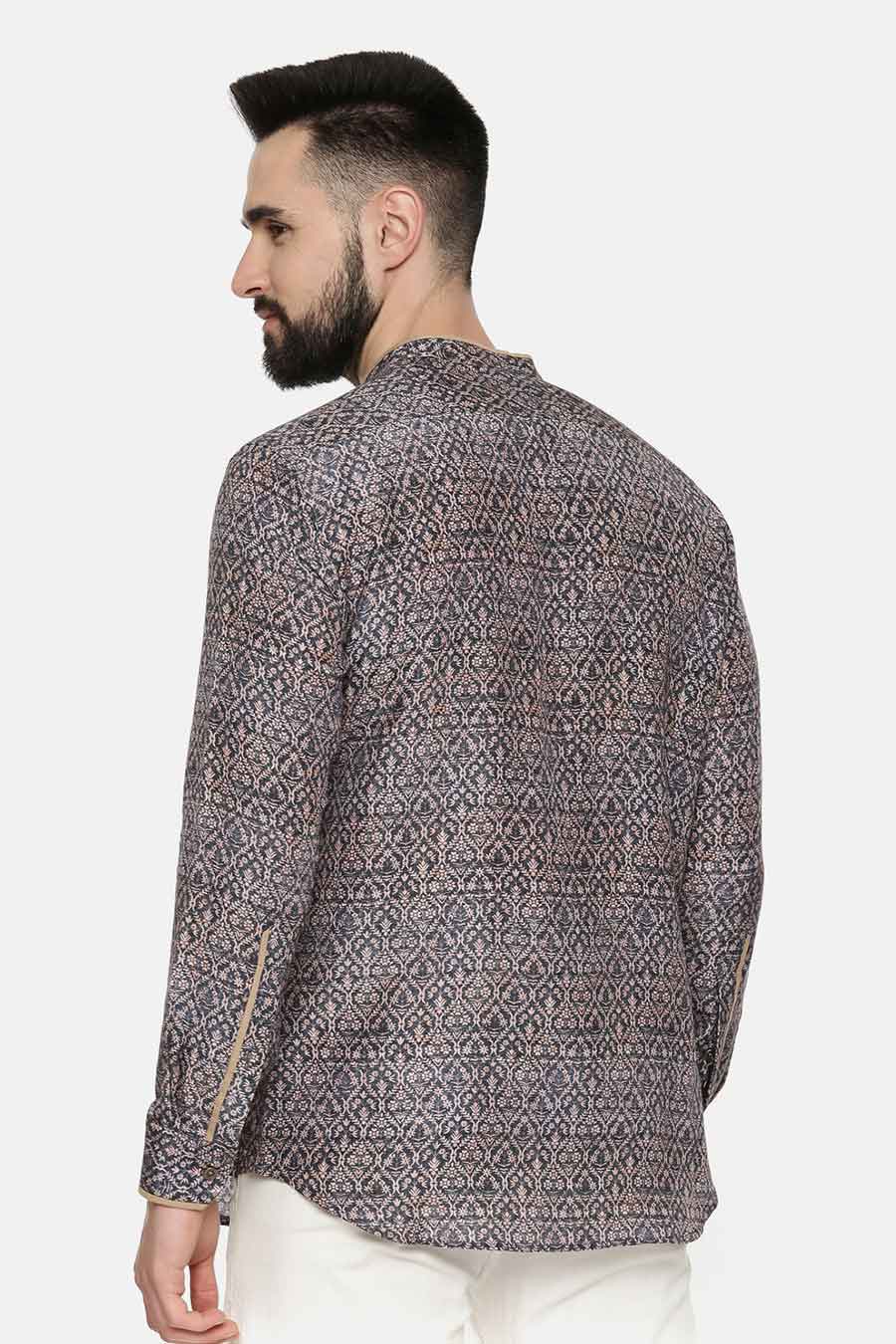 Blue Bemberg Linen Beige Piping Printed Shirt