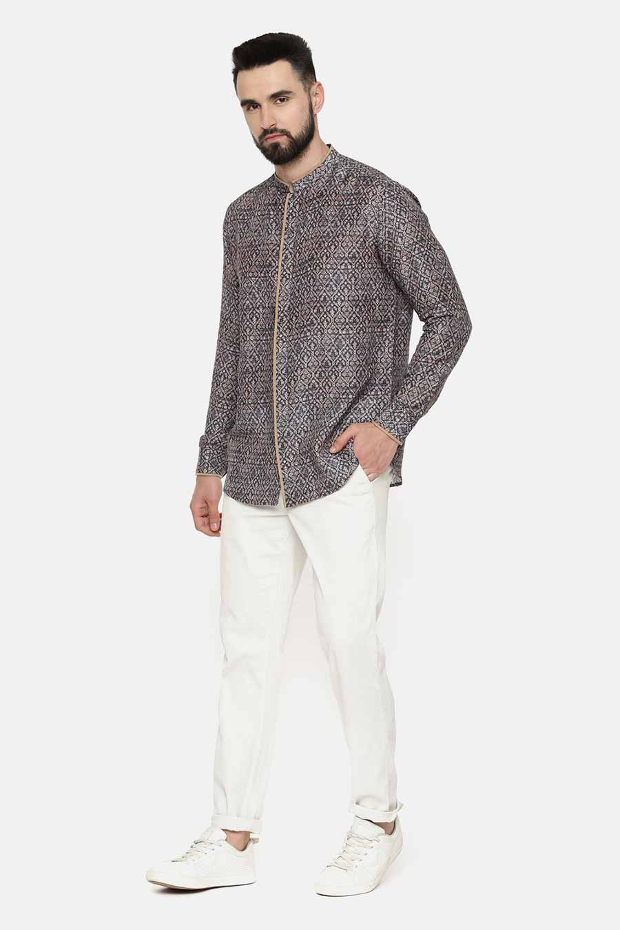 Blue Bemberg Linen Beige Piping Printed Shirt