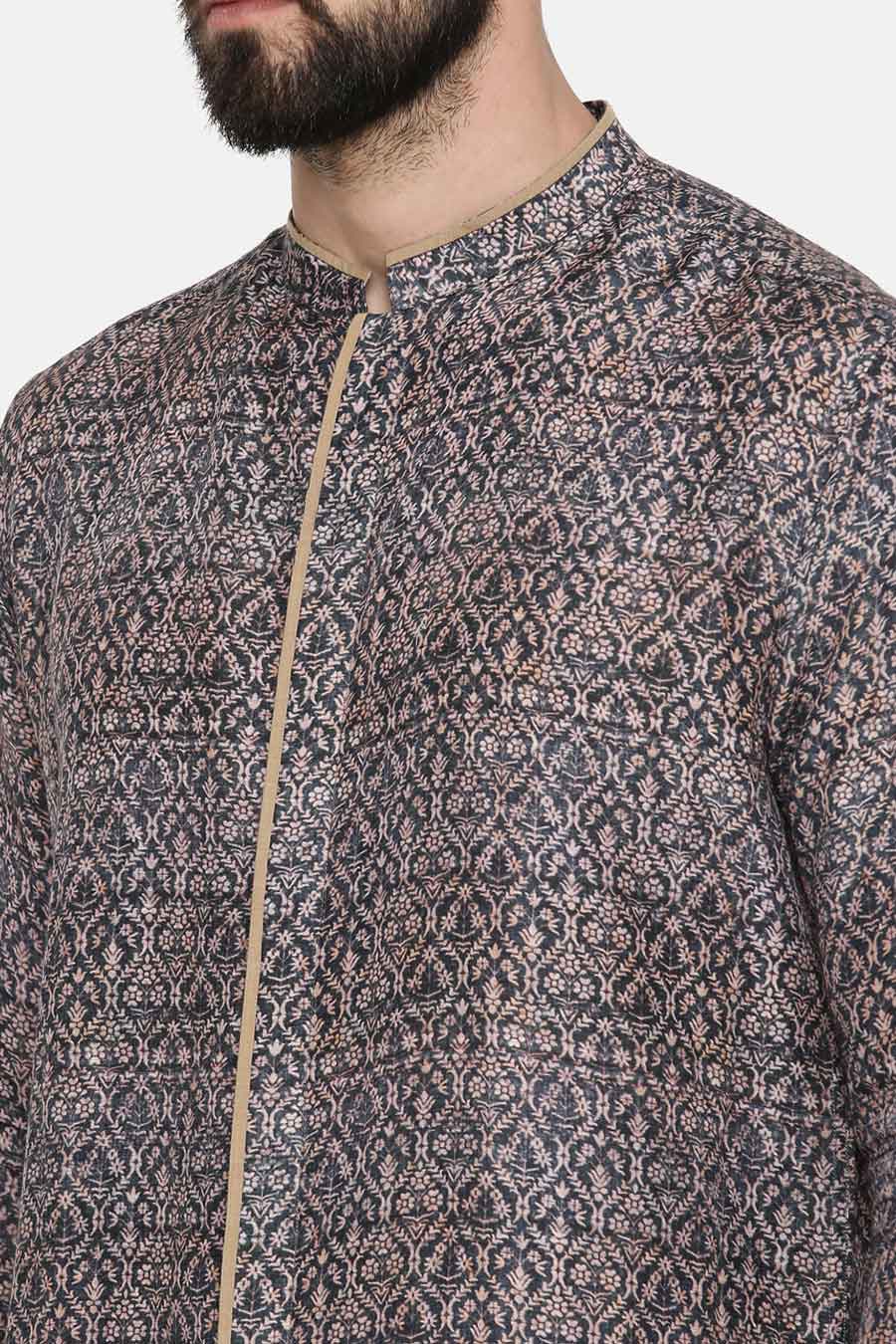 Blue Bemberg Linen Beige Piping Printed Shirt