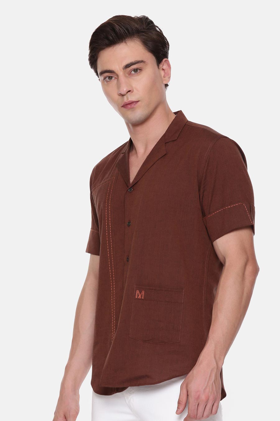 Brown Malai Cotton Hand-Stitch Half-Sleeves Shirt