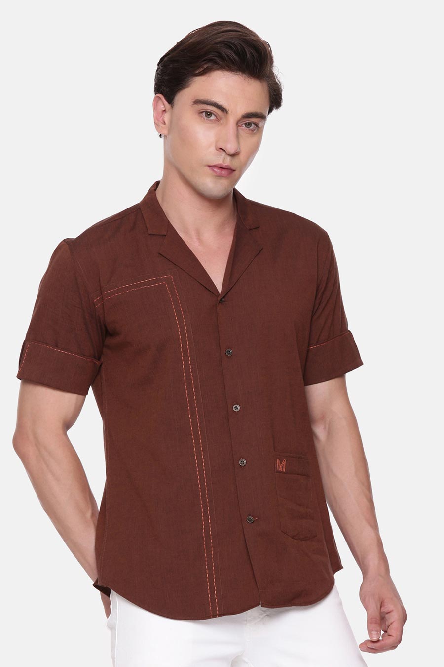 Brown Malai Cotton Hand-Stitch Half-Sleeves Shirt