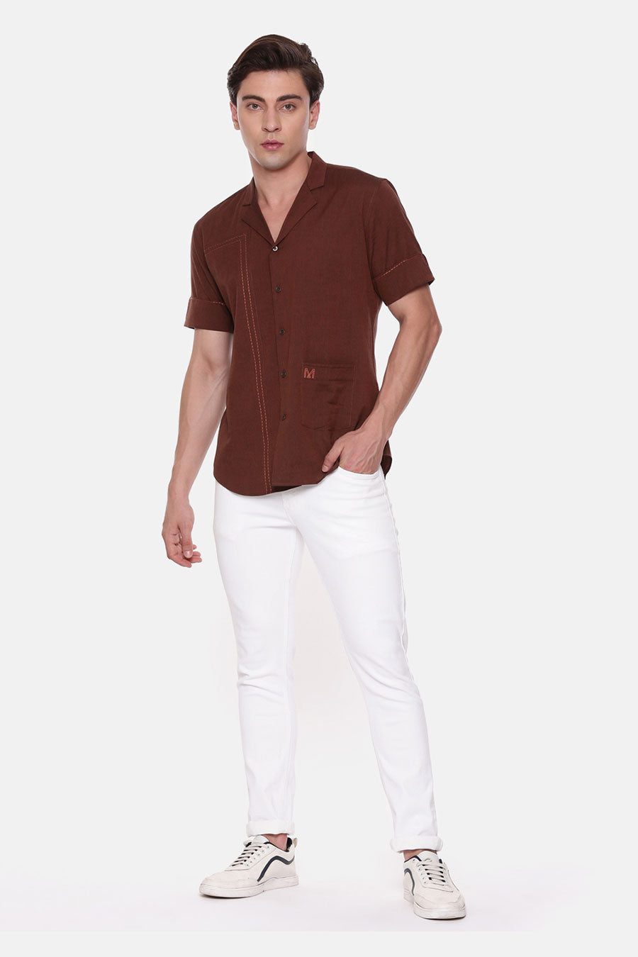 Brown Malai Cotton Hand-Stitch Half-Sleeves Shirt