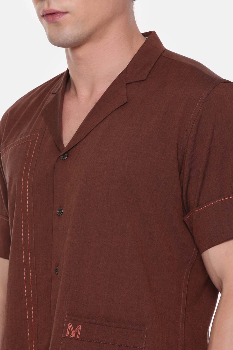 Brown Malai Cotton Hand-Stitch Half-Sleeves Shirt