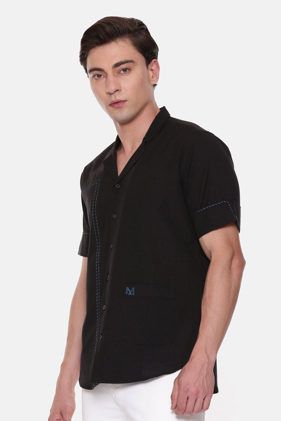 Black Malai Cotton Hand-Stitch Half-Sleeves Shirt