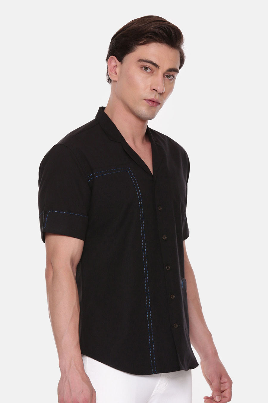 Black Malai Cotton Hand-Stitch Half-Sleeves Shirt