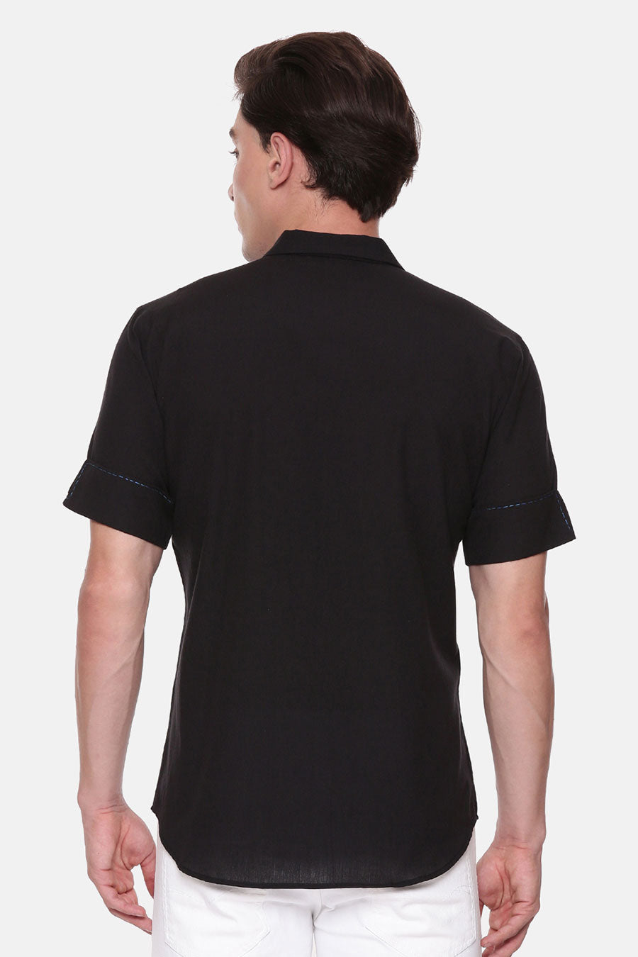 Black Malai Cotton Hand-Stitch Half-Sleeves Shirt