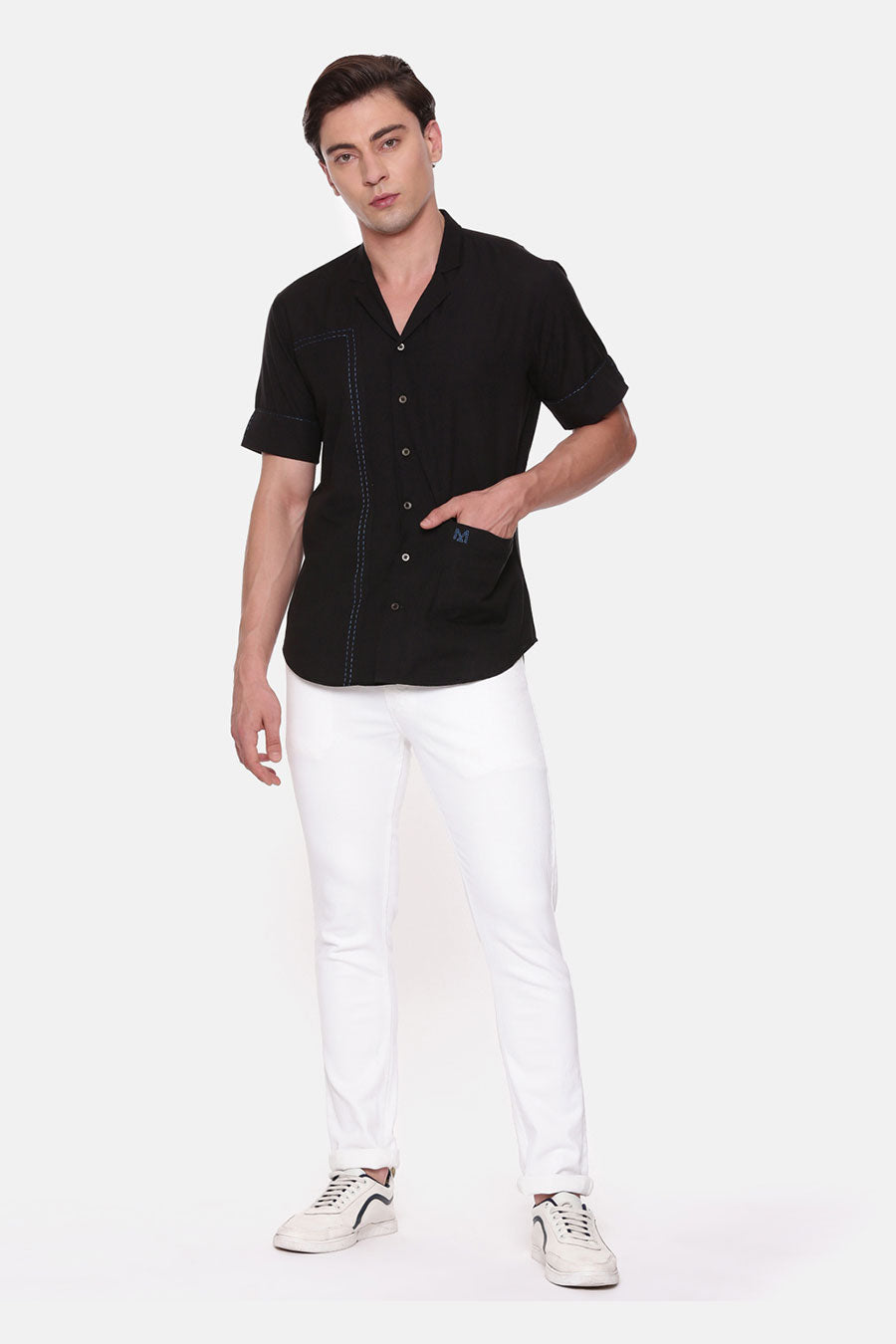 Black Malai Cotton Hand-Stitch Half-Sleeves Shirt