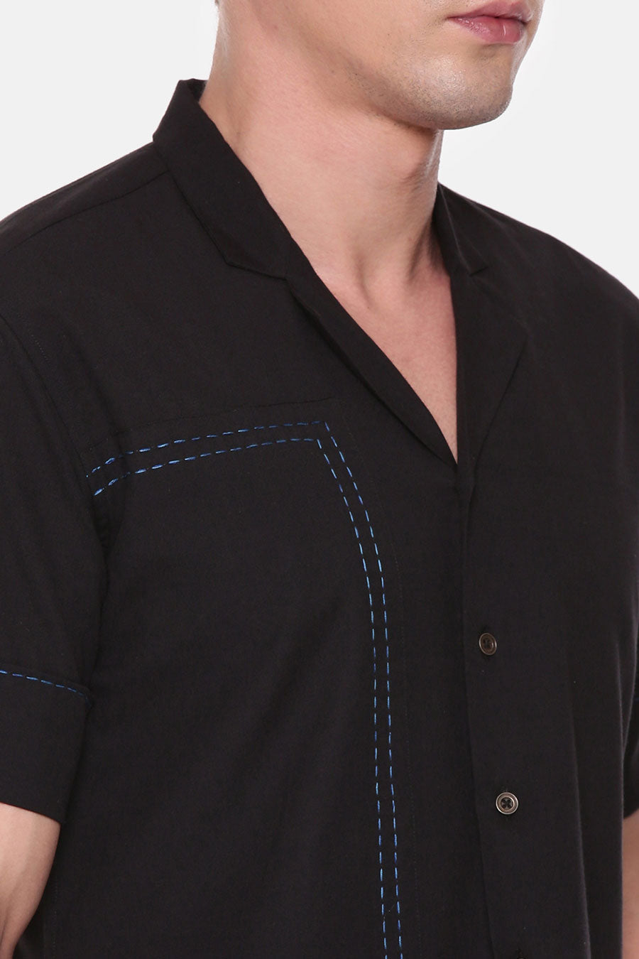 Black Malai Cotton Hand-Stitch Half-Sleeves Shirt