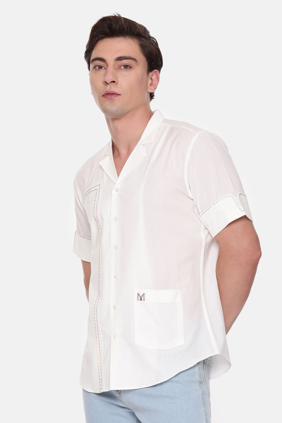 White Malai Cotton Hand-Stitch Half-Sleeves Shirt