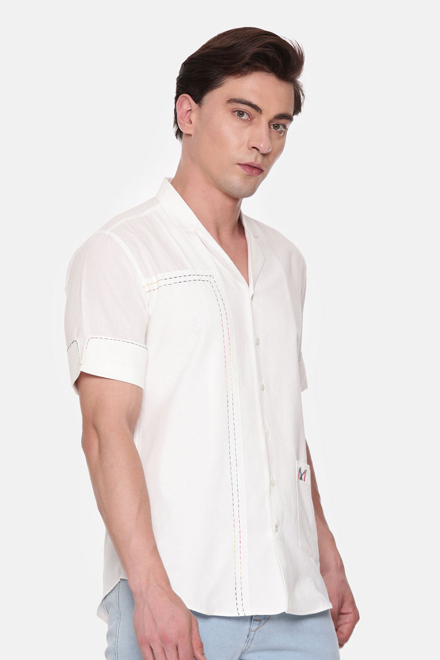 White Malai Cotton Hand-Stitch Half-Sleeves Shirt