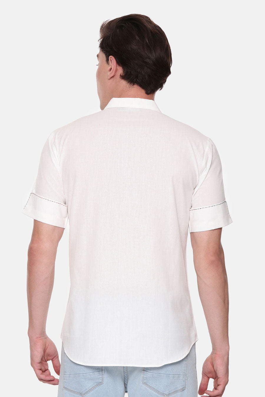 White Malai Cotton Hand-Stitch Half-Sleeves Shirt