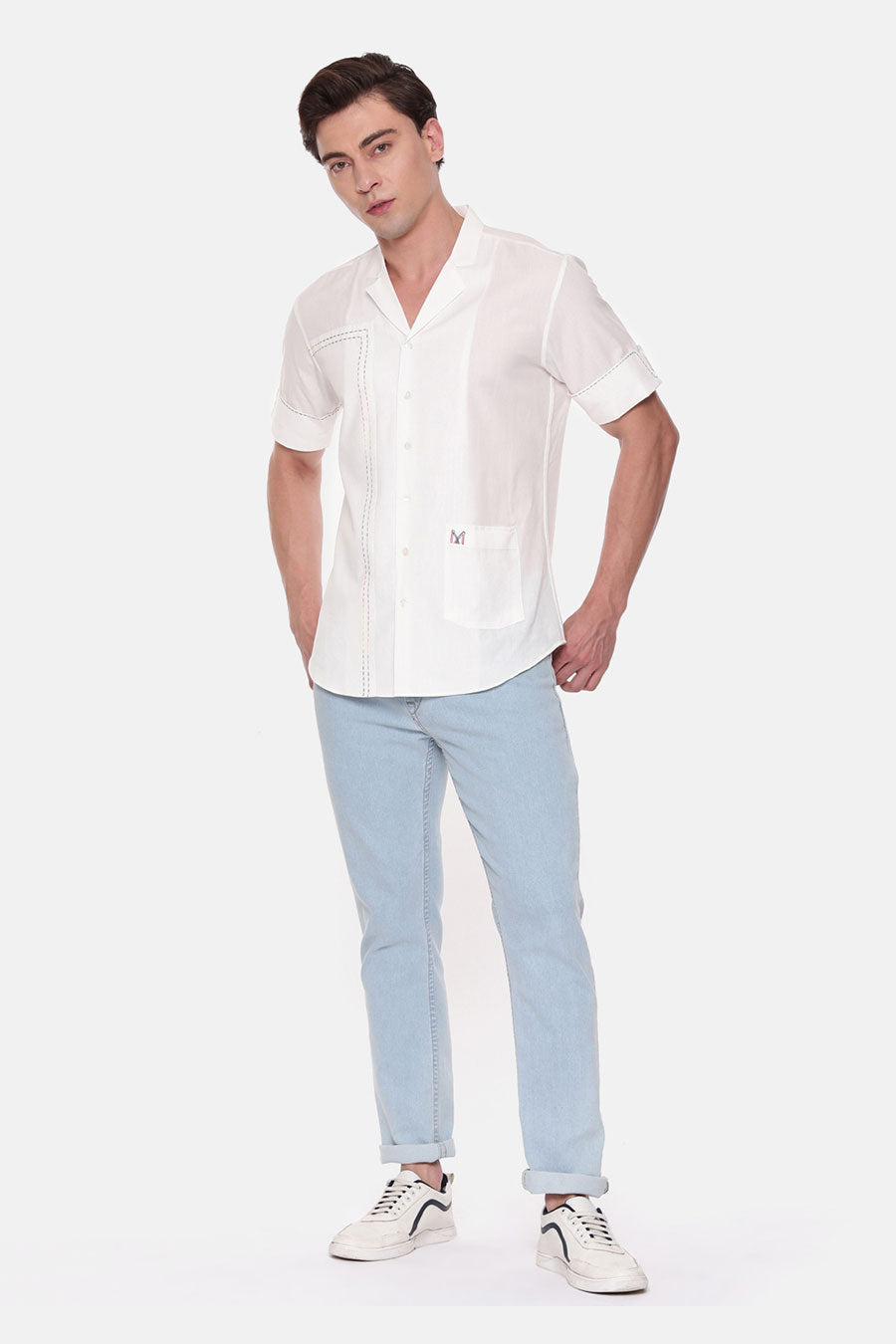 White Malai Cotton Hand-Stitch Half-Sleeves Shirt