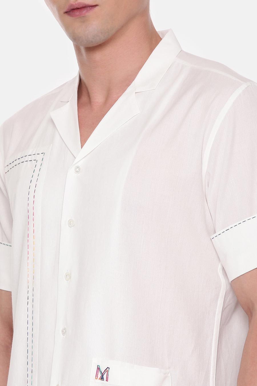 White Malai Cotton Hand-Stitch Half-Sleeves Shirt