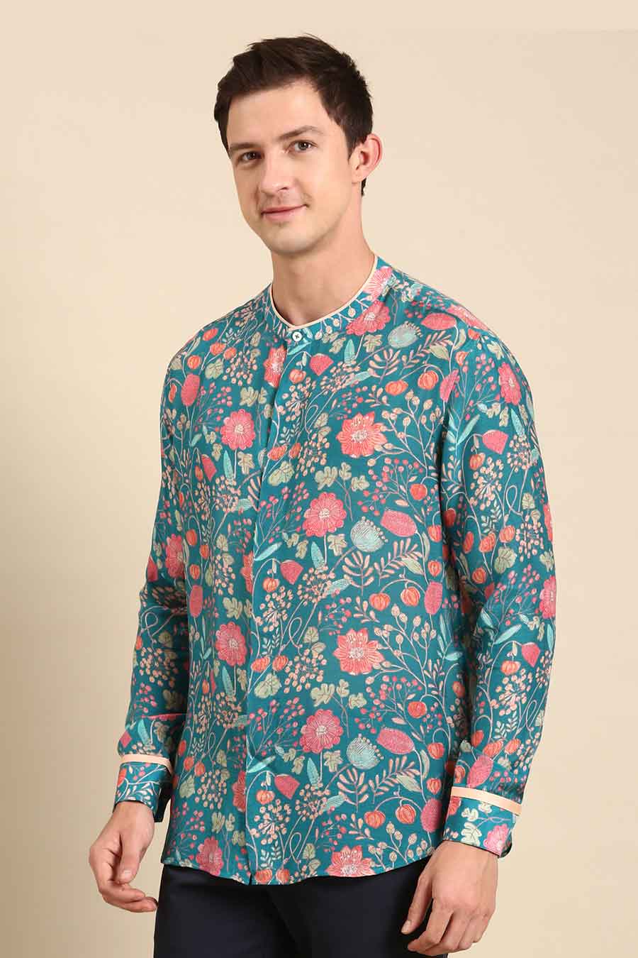Turquoise Blue Muslin Floral Print Shirt