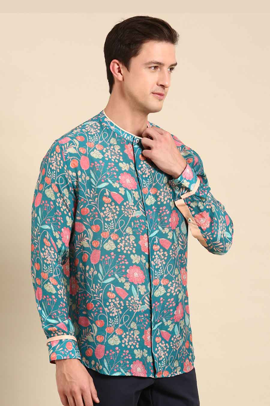 Turquoise Blue Muslin Floral Print Shirt