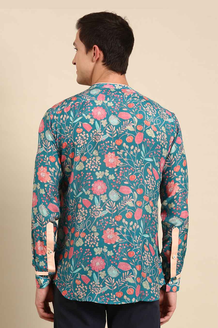 Turquoise Blue Muslin Floral Print Shirt