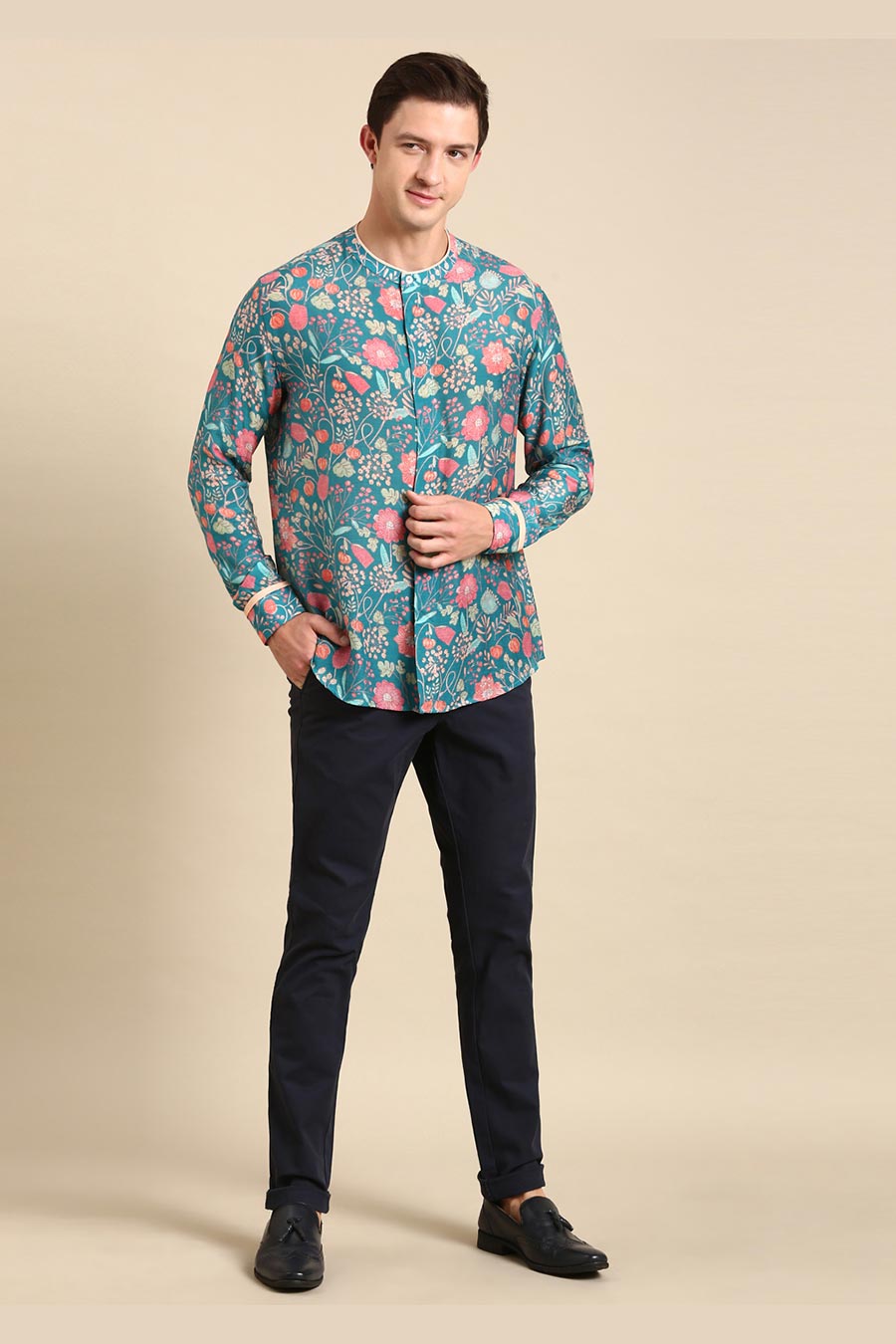Turquoise Blue Muslin Floral Print Shirt