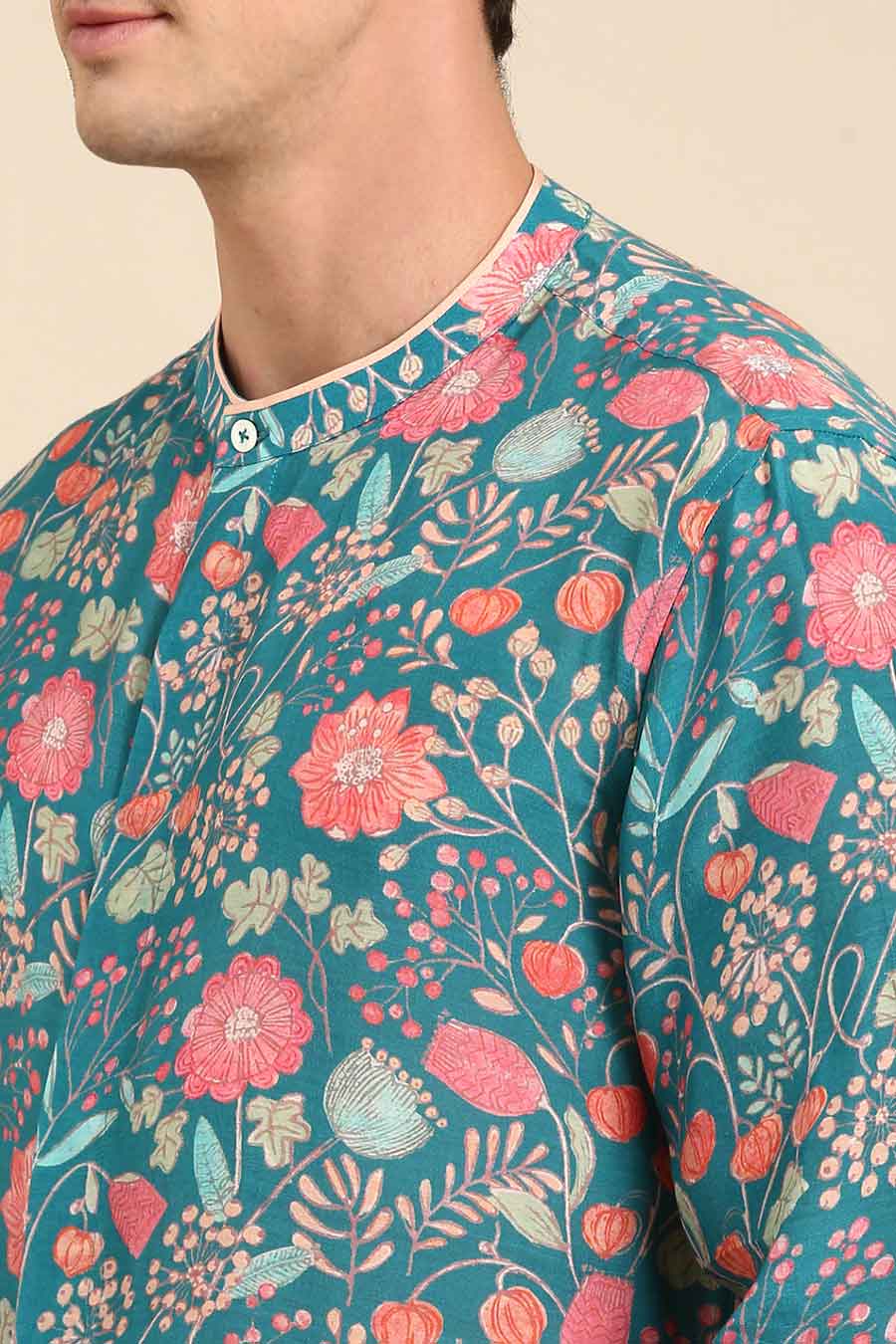Turquoise Blue Muslin Floral Print Shirt